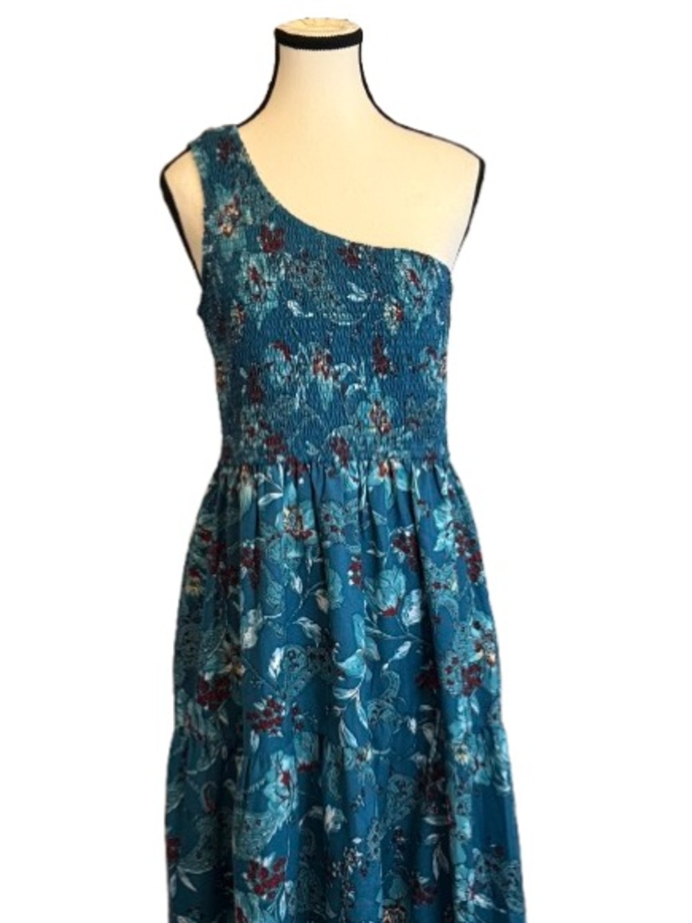 Band of the Free One Shoulder Floral Smocked Maxi Dress pockets Teal Size L Boho - Picture 6 of 7